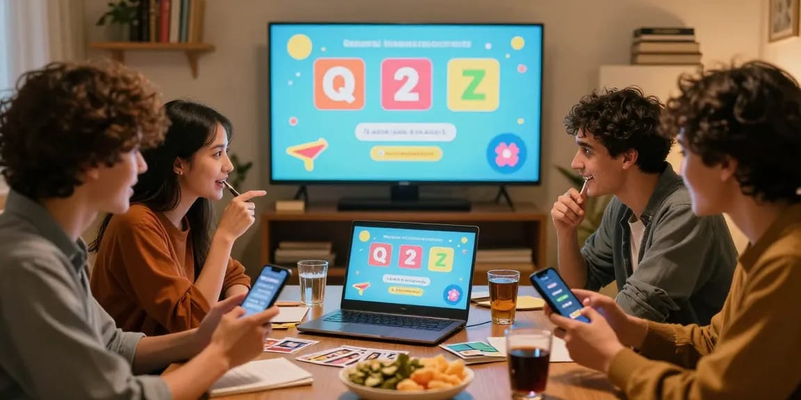Freunde, die beim Quiz Allgemeinwissen an einem Tisch spielen, Spaß und Wettbewerb in einer gemütlichen Atmosphäre.