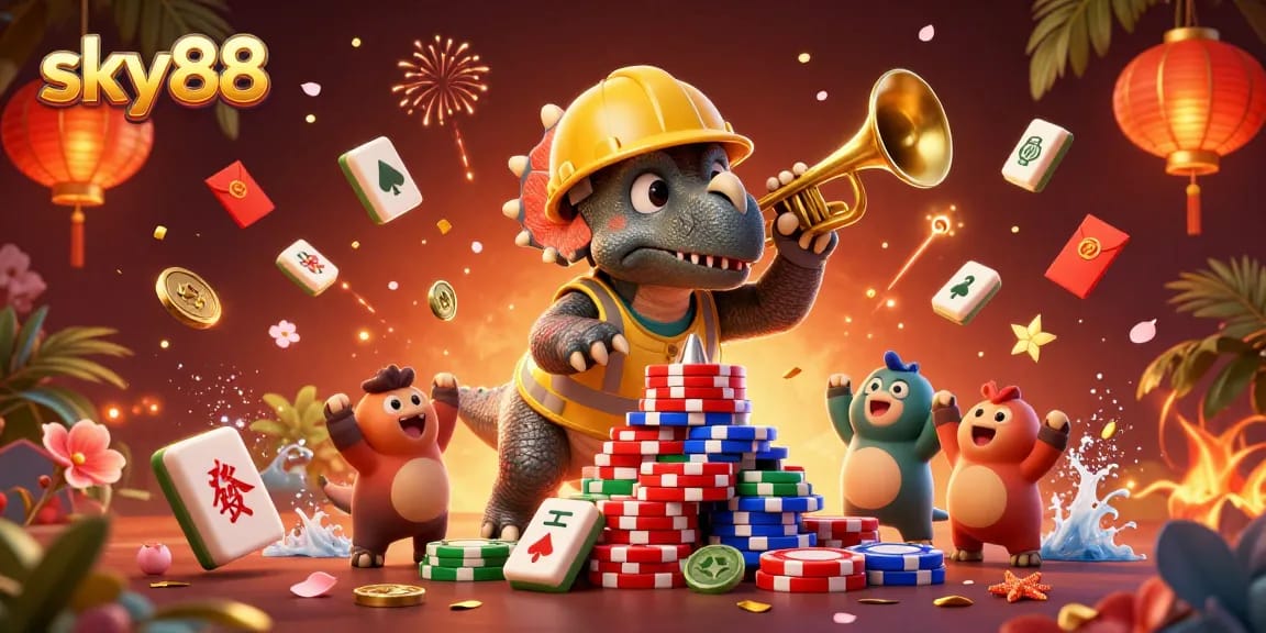 Join the excitement at sky88 with colorful casino characters celebrating a poker chips pyramid!