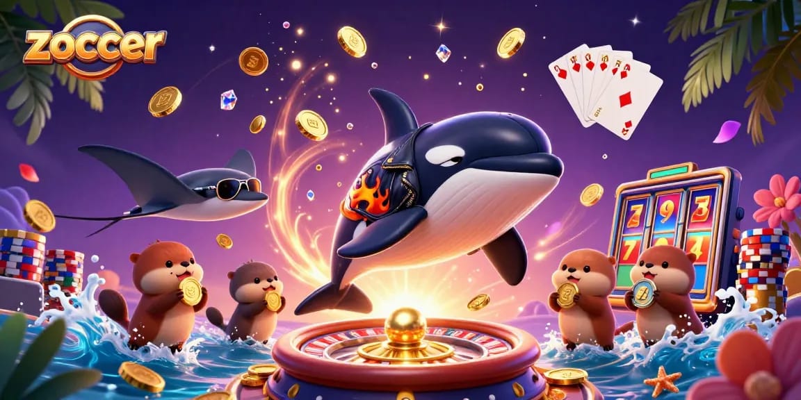 Zoccer casino scene with an orca, stingray, and otters amidst vibrant casino elements.