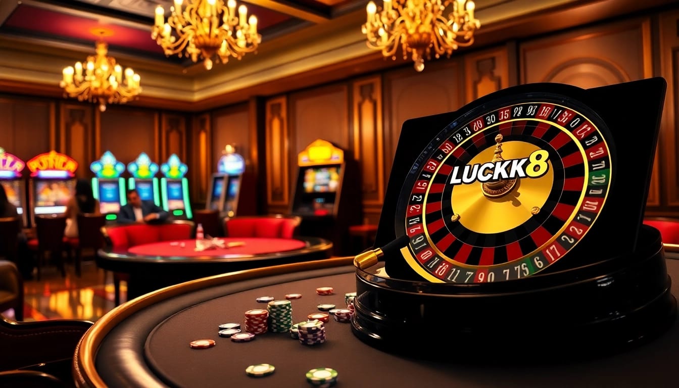 Players at a LUCK8 poker table enjoy a thrilling game under luxurious casino lighting.