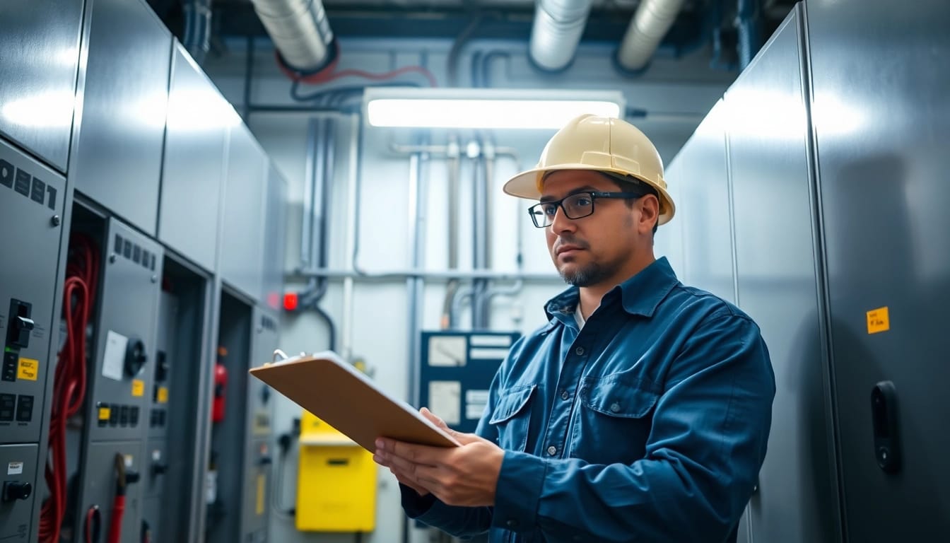 Technician performing a BGV A3 inspection of electrical equipment in a safe, organized environment.