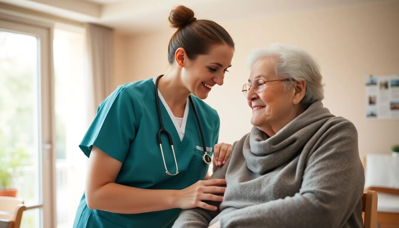 Engaged pflegefachkraft stelle hameln assisting an elderly patient in a warm nursing environment.