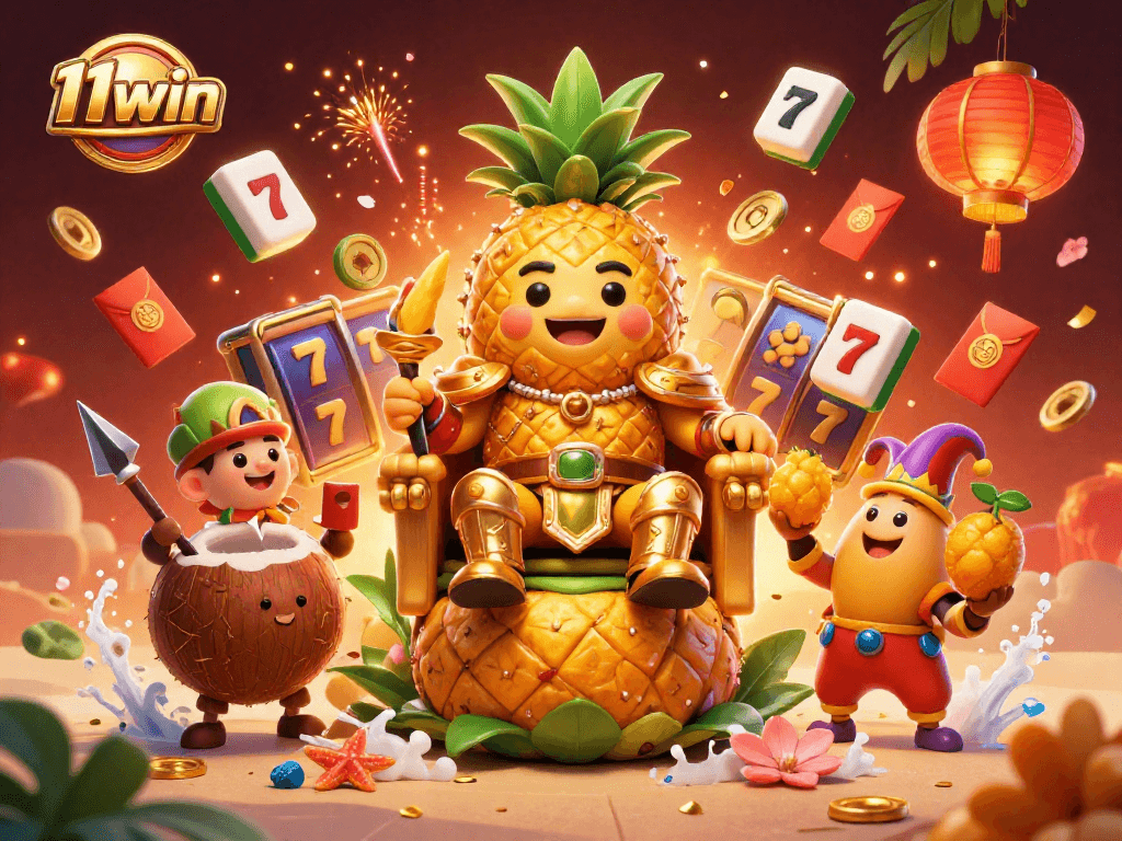 Experience thrilling gaming at 11win with the golden pineapple king and festive casino elements.