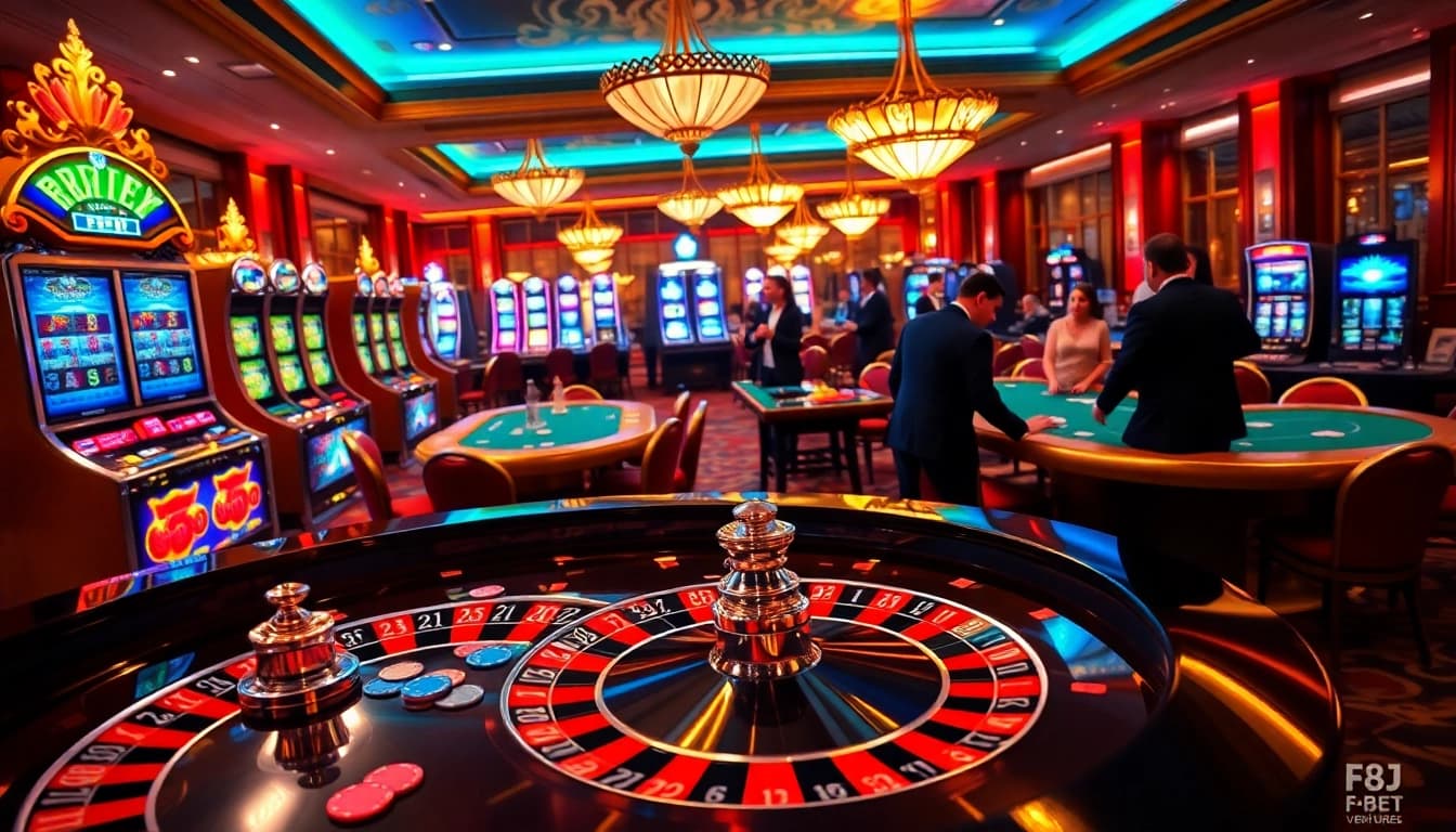 Engaging players at a roulette table and vibrant slot machines at https://f8bet.ventures/ illustrating excitement.