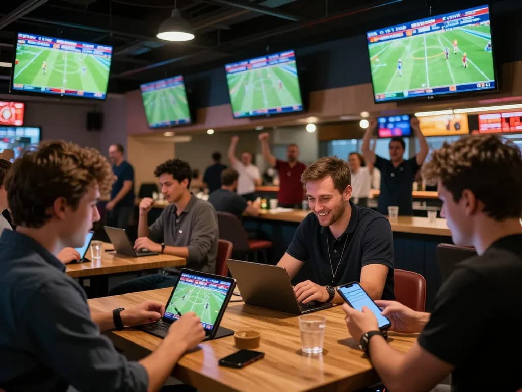 Engaged fans placing bets on ca khia sports events at a lively betting lounge, showcasing vibrant screens and community atmosphere.