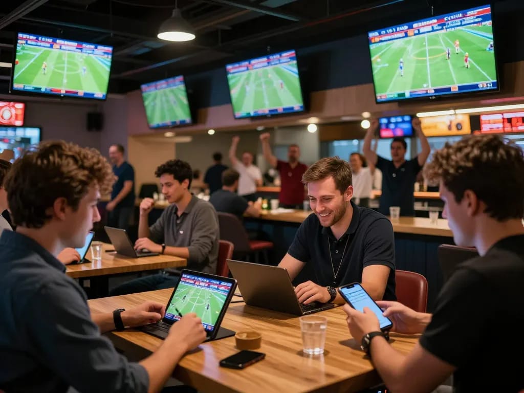 Engaged fans placing bets on ca khia sports events at a lively betting lounge, showcasing vibrant screens and community atmosphere.