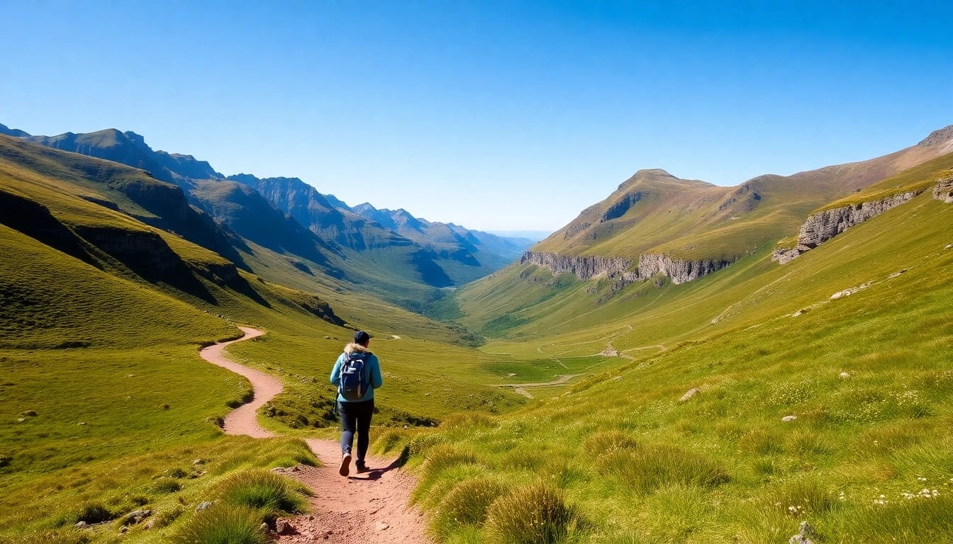 Wanderer auf dem Kerry Way Irland, umgeben von üppigen grünen Hügeln und dramatischen Klippen.