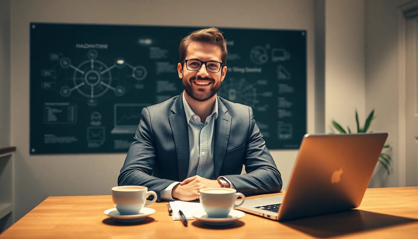 Headhunter IT bei der Arbeit in einem modernen Büro, umgeben von Technologie und Notizen.