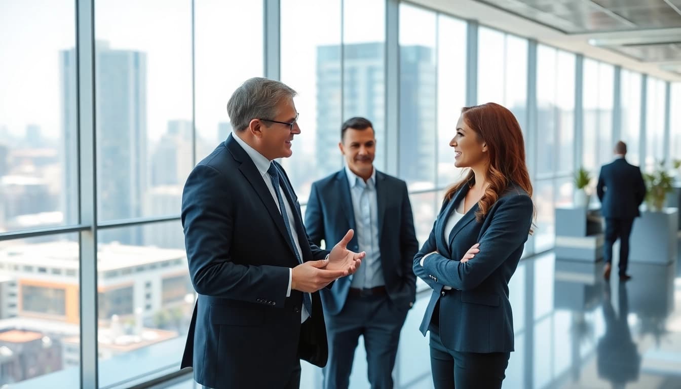 Headhunter Schweiz im Gespräch mit einem Kandidaten in modernem Büro, umgeben von einer professionellen Atmosphäre.