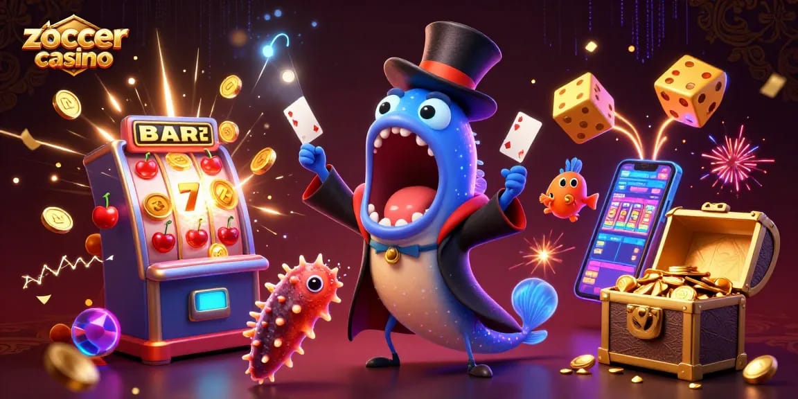Zoccer casino showcases a magical scene with unique sea creatures performing casino tricks amidst vibrant graphics.