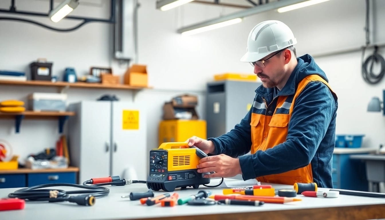 Efficient Prüfung ortsveränderlicher elektrischer Betriebsmittel by a qualified electrician in a safe workshop.
