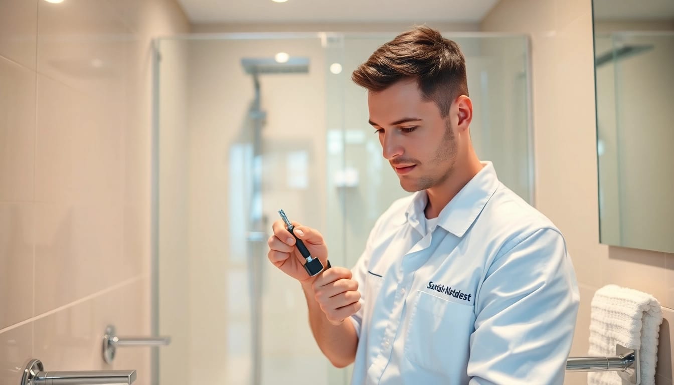 Sanitär Notdienst Techniker repariert Wasserhahn im modernen Badezimmer.