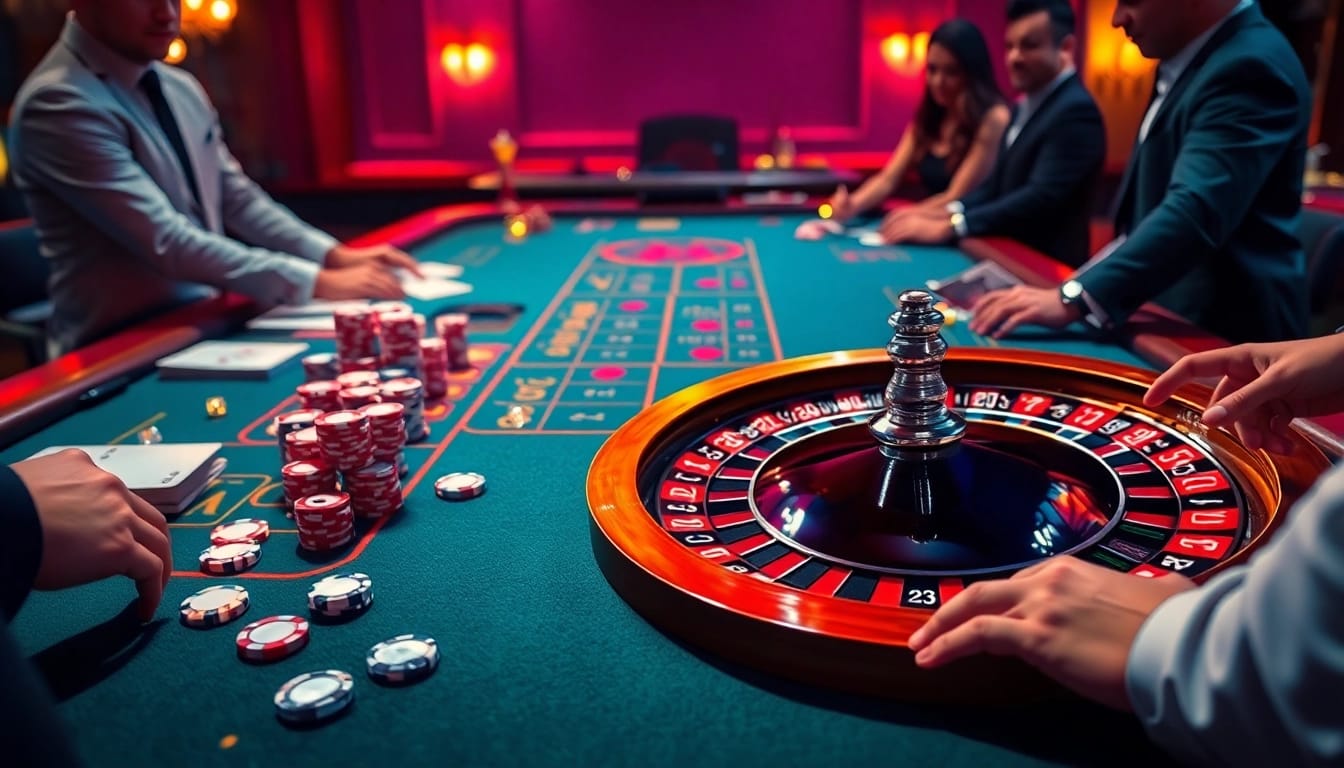 Experience the thrill of Luck8 as players engage at a vibrant casino table with cards and chips.