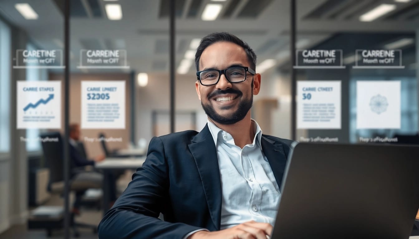 Visualisieren Sie einen Headhunter Frankfurt, der professionell am Laptop arbeitet, umgeben von Karrierediagrammen und einem modernen Büro.