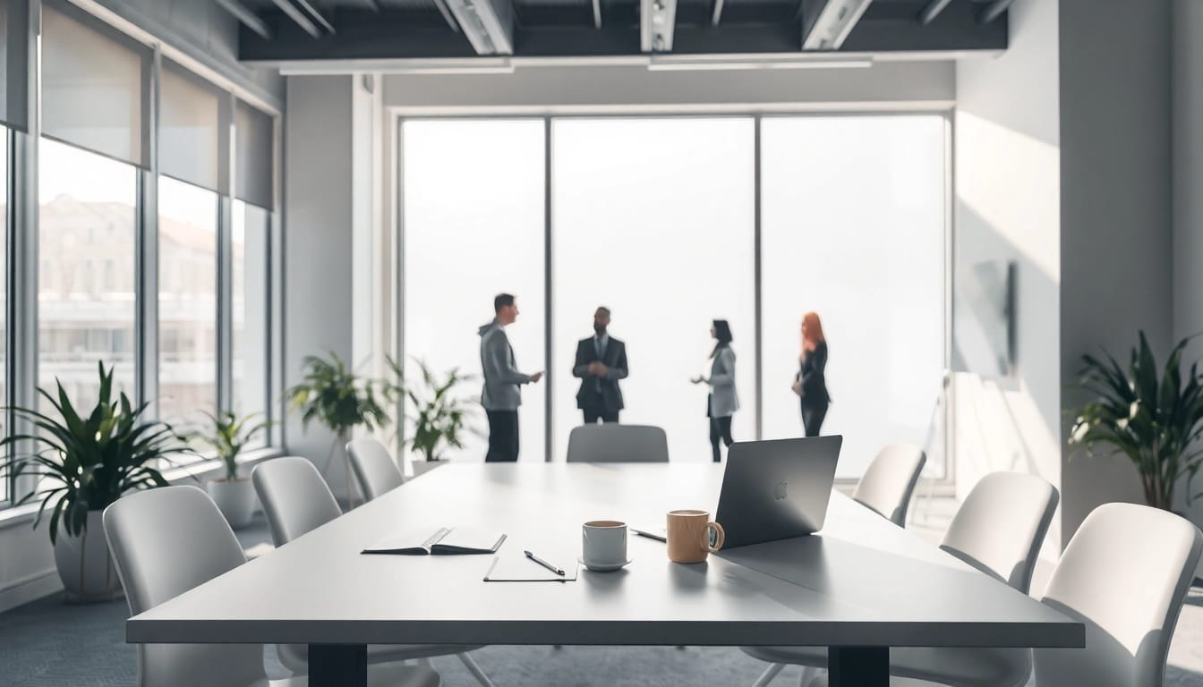Visualisiere das professionelle Umfeld eines Headhunter Oberhausen mit einem modernen Büro und engagierten Personen im Hintergrund.