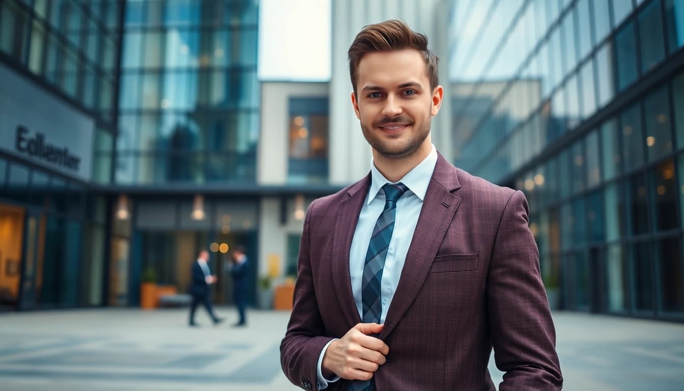 Headhunter bei der Arbeit vor einem modernen Büro in dynamischer Pose.