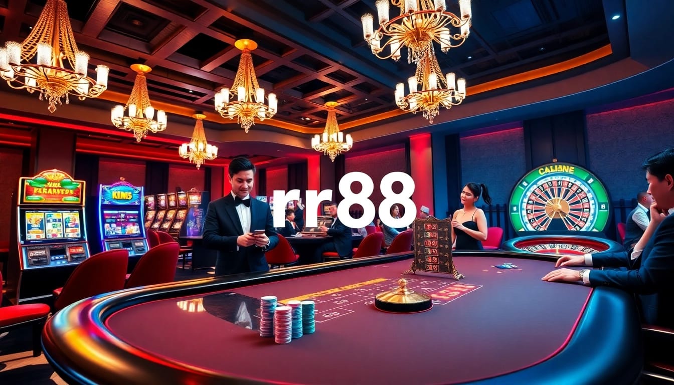 Players engaged in thrilling games at rr88 luxury casino, featuring poker chips and vibrant slot machines.
