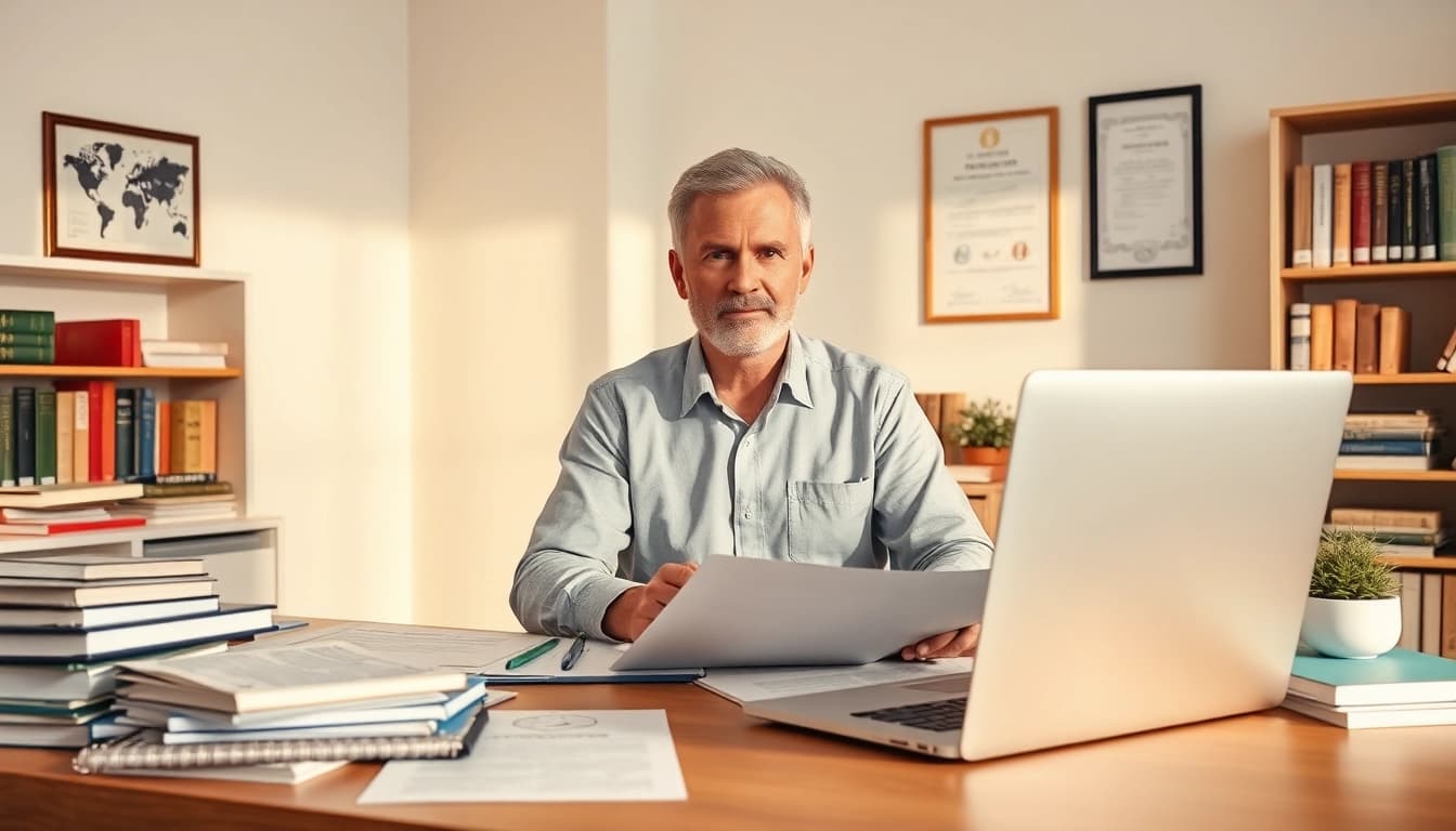 Eine professionelle Szene, in der ein vereidigter Übersetzer Dokumente in einem modernen Büro mit juristischen Arbeitsmitteln übersetzt.