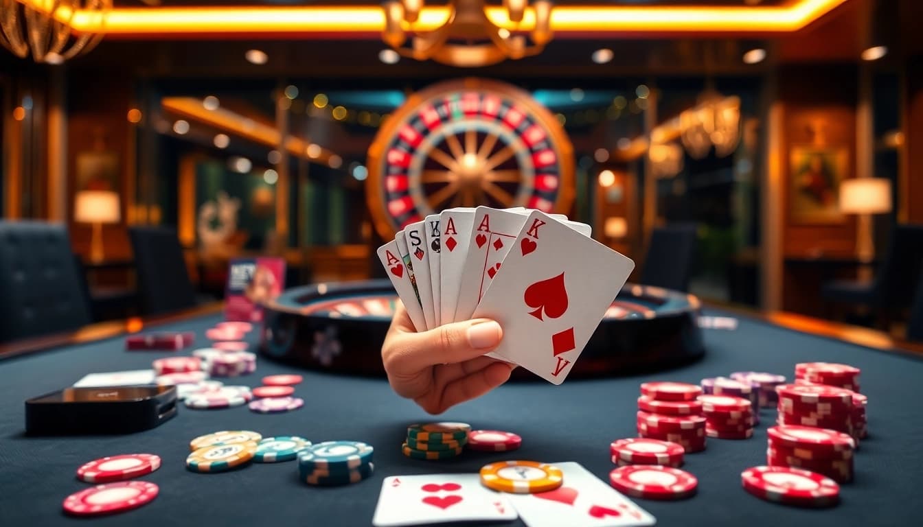 Experience thrilling wins at F8BET COM with an elegant casino scene featuring vibrant poker chips.