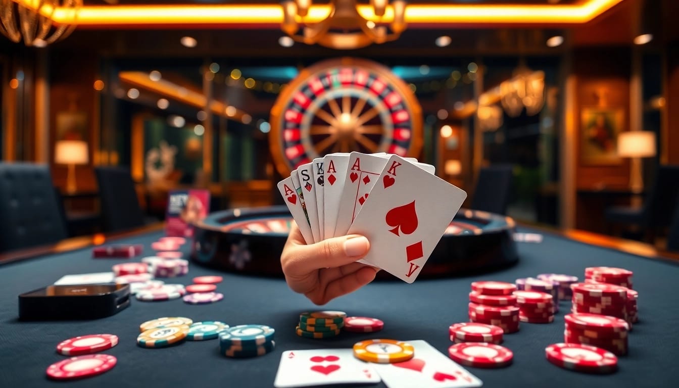 Experience thrilling wins at F8BET COM with an elegant casino scene featuring vibrant poker chips.