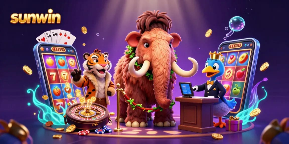 Experience the thrill of sunwin with a vibrant casino scene featuring a woolly mammoth bouncer and more.