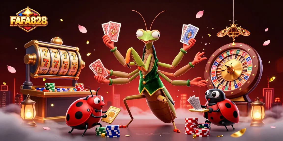 Experience thrilling gameplay at FAFA828 with a vibrant casino scene featuring cards, chips, and winning symbols.