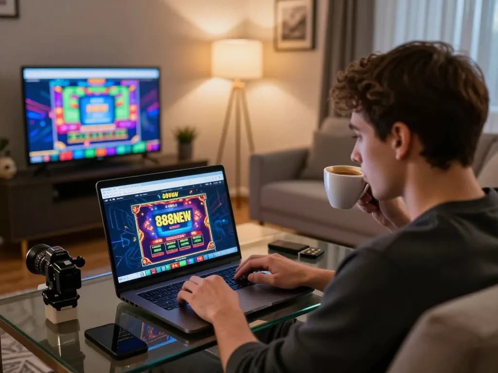 Player engaging with 888NEW online casino, showcasing an immersive gaming experience at home.