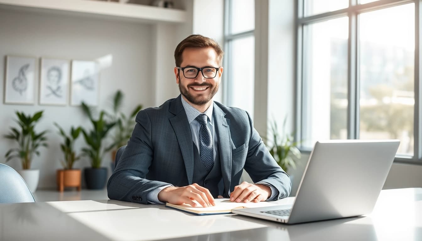 Headhunter IT engagiert in einem modernen Büro, arbeitet am Laptop und stellt einen potenziellen Kandidaten vor.