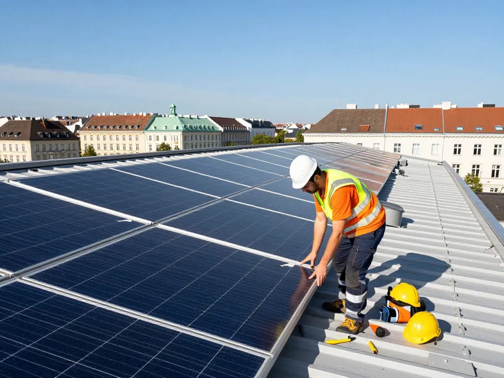 Techniker, der Solarenergie-Panels in Wien inspiziert und die Nachhaltigkeit von Solar Wien verbessert.