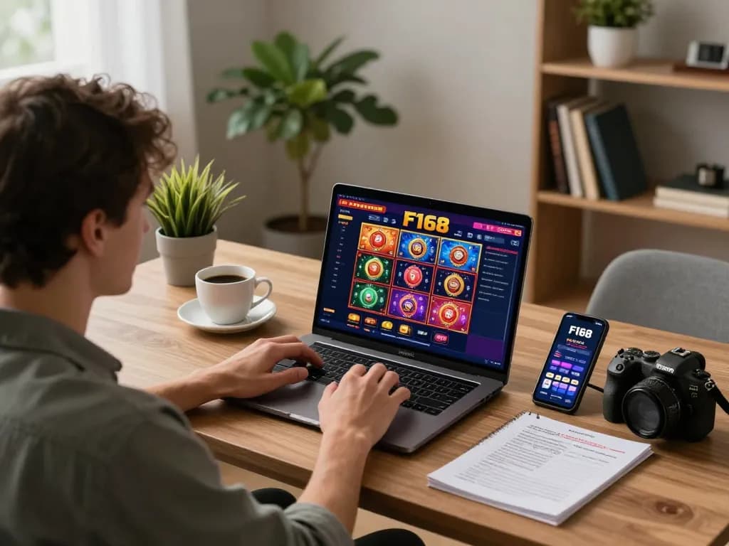 Engaging in responsible gambling at F168 with laptop displaying colorful slots game interface and mobile app.