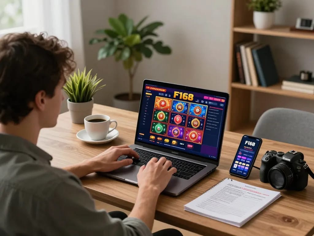 Engaging in responsible gambling at F168 with laptop displaying colorful slots game interface and mobile app.