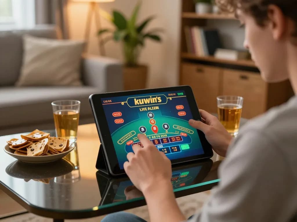 Kuwin player engaging in live dealer blackjack session on tablet in cozy home setting