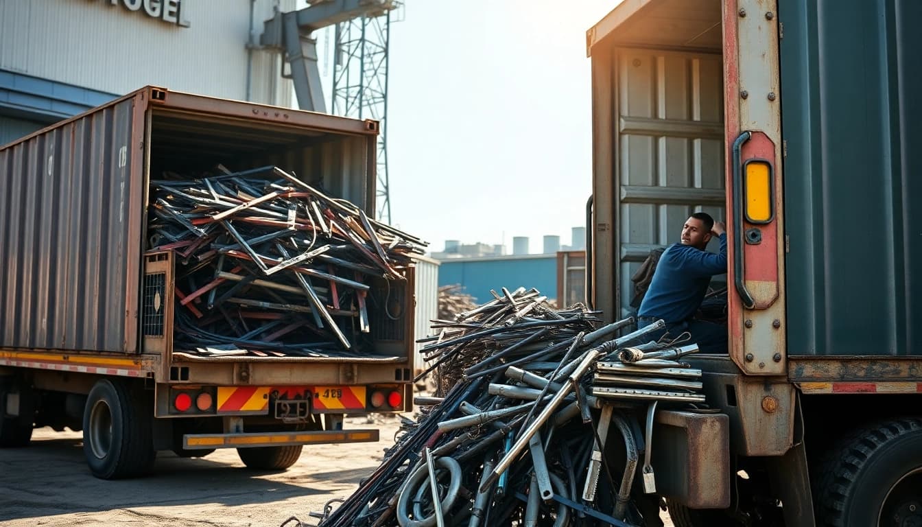 Efficient Schrottabholung Remscheid service in action, showcasing a worker loading scrap metal for recycling.