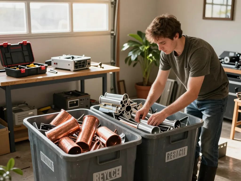 Person, die Schrottmetall in einer Garage organisiert, um effizienten Schrotthandel hervorzuheben, mit dem Fokus auf umweltfreundliches Recycling.