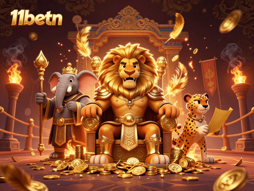 Engage with dynamic 11betn gaming visuals featuring fierce characters amidst gold coins and flames.