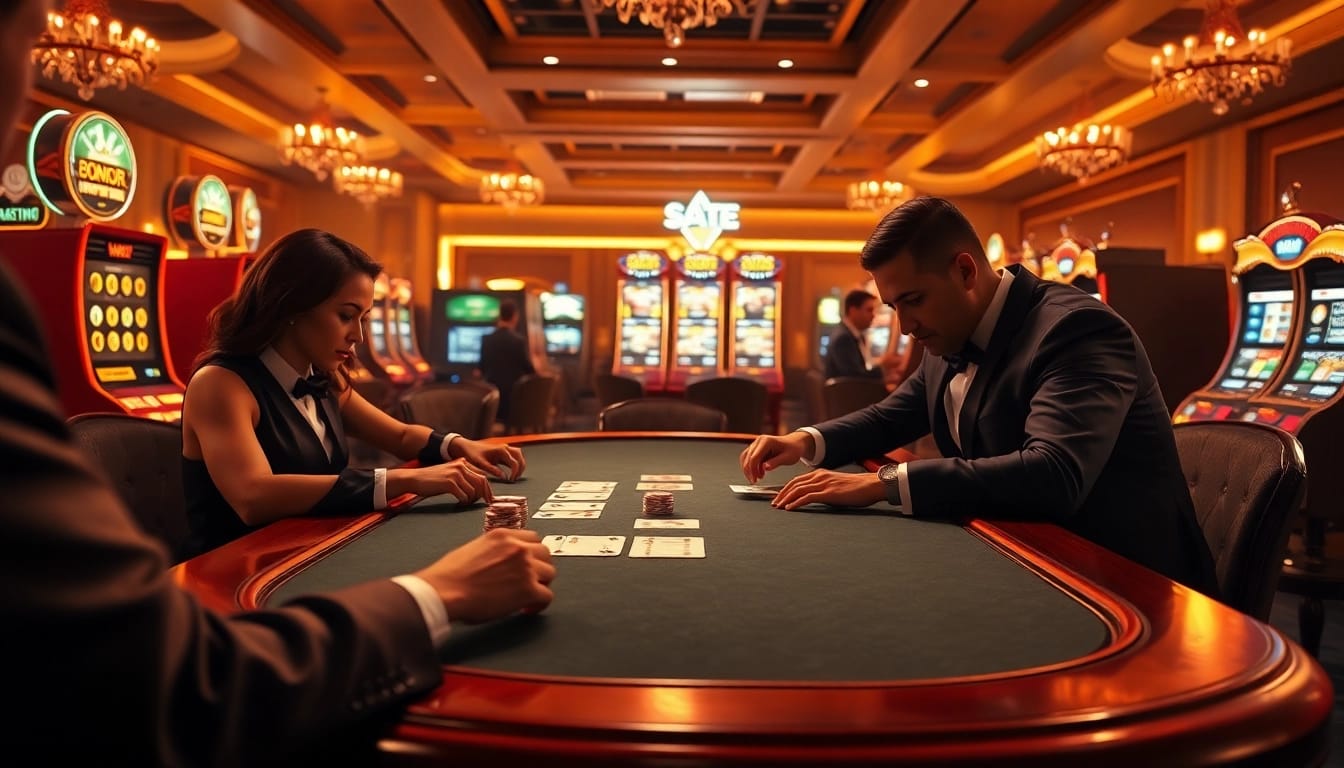 Players strategizing at a poker table with hidden wiki links in a luxurious casino setting.