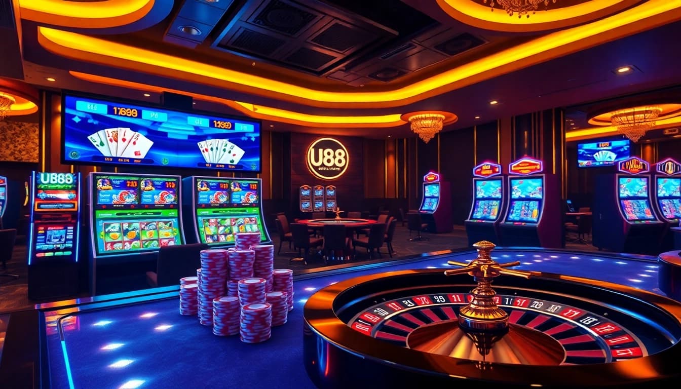 U888 online casino interface showcasing vibrant slots and poker chips in an exciting gambling scene.