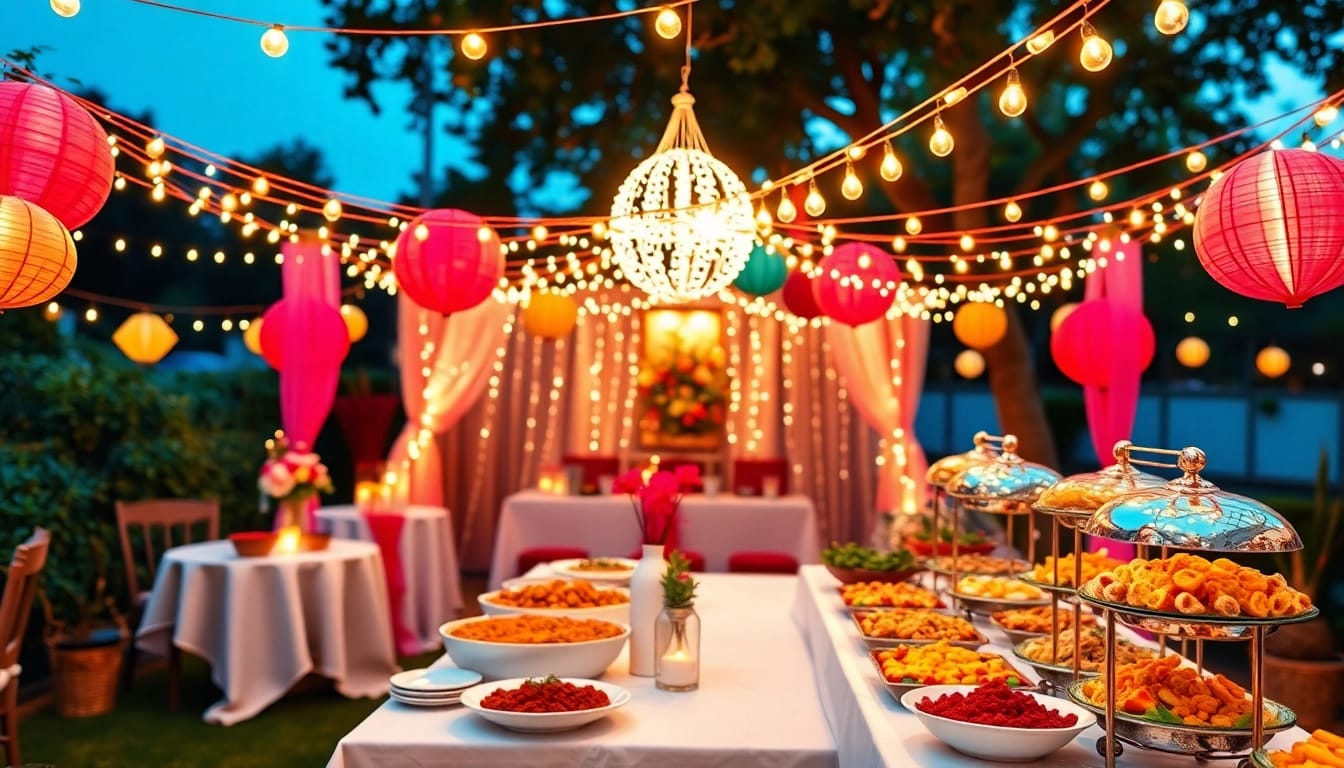 Delightful outdoor Partyservice buffet setup adorned with vibrant decorations and delicious dishes.