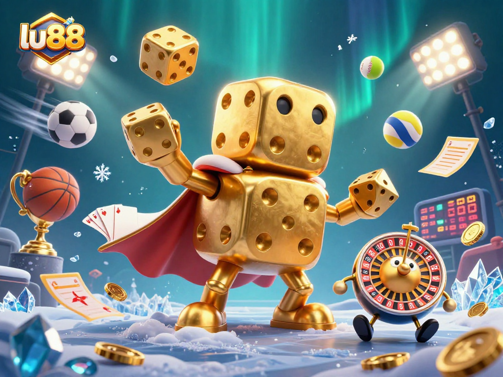 Experience thrilling games at lu88 with exciting dynamic scenes of golden dice, sports, and vibrant casino action.