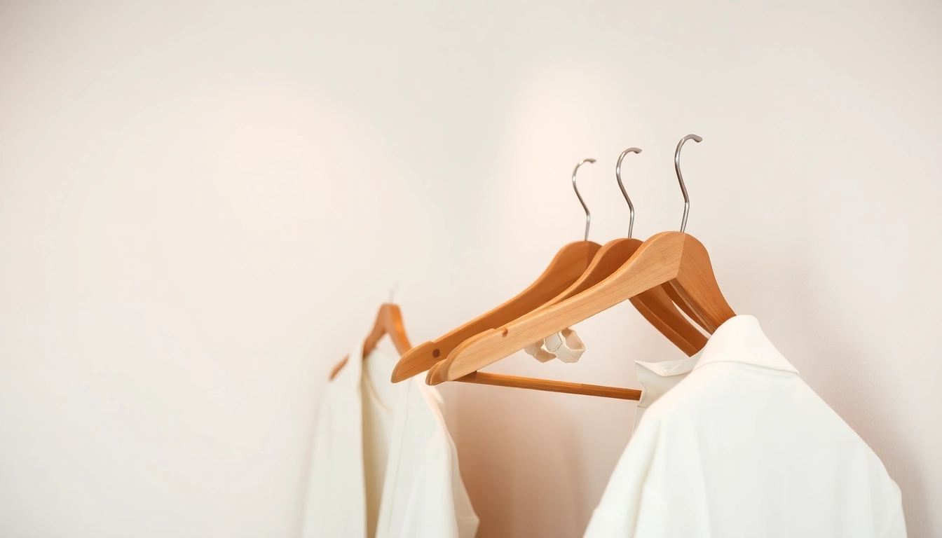 Kunststoff kleiderbügel elegant drapiert auf einem Holzkleiderständer im sanften Licht.