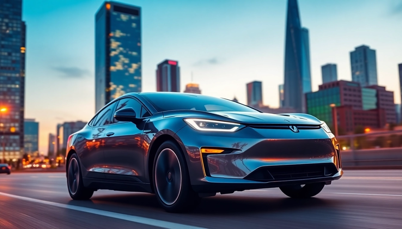 Elektroautos fahren durch eine moderne Stadt mit leuchtenden Hochhäusern im Hintergrund.