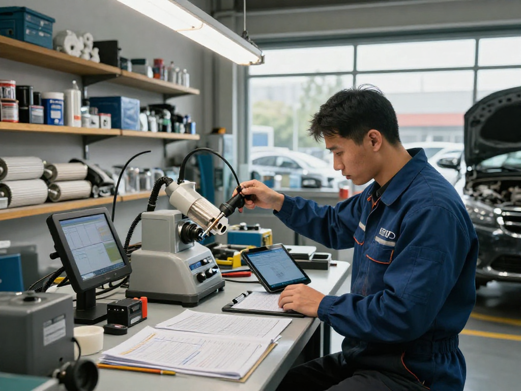 DPF Reinigung in Laatzen: Professioneller Techniker reinigt Dieselpartikelfilter in Werkstatt.