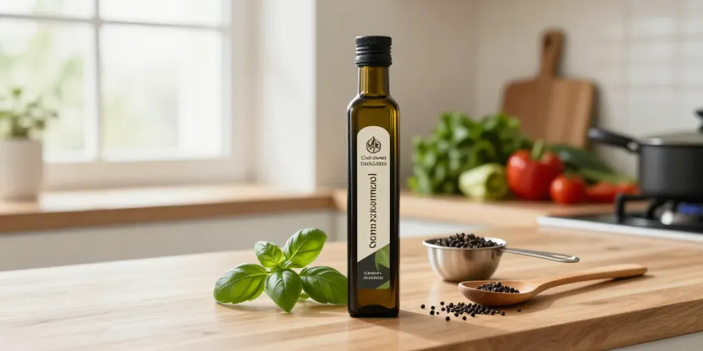 Schwarzkümmelöl kaufen, hochwertige Flasche in moderner Küche mit frischen Kräutern.
