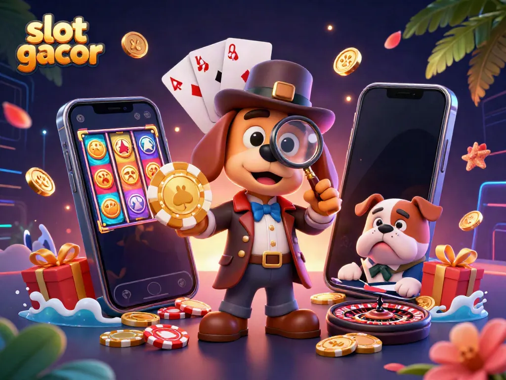 Experience slot gacor with a cartoon detective examining clues amid casino elements in an engaging 3D scene.