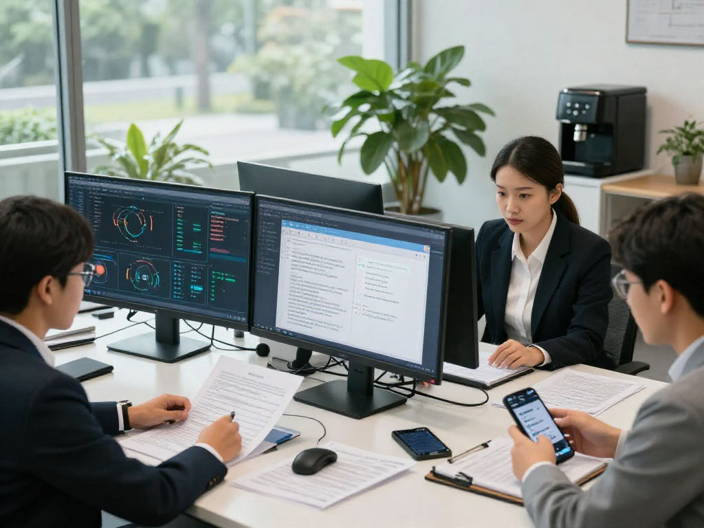 Compliance officers engaged in document fraud detection analysis using AI technology in a modern office setting.