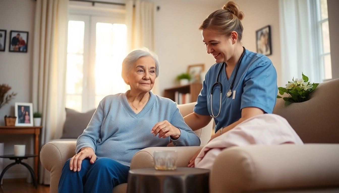 Pflegedienst: Caregiver supporting elderly person in a warm home environment.