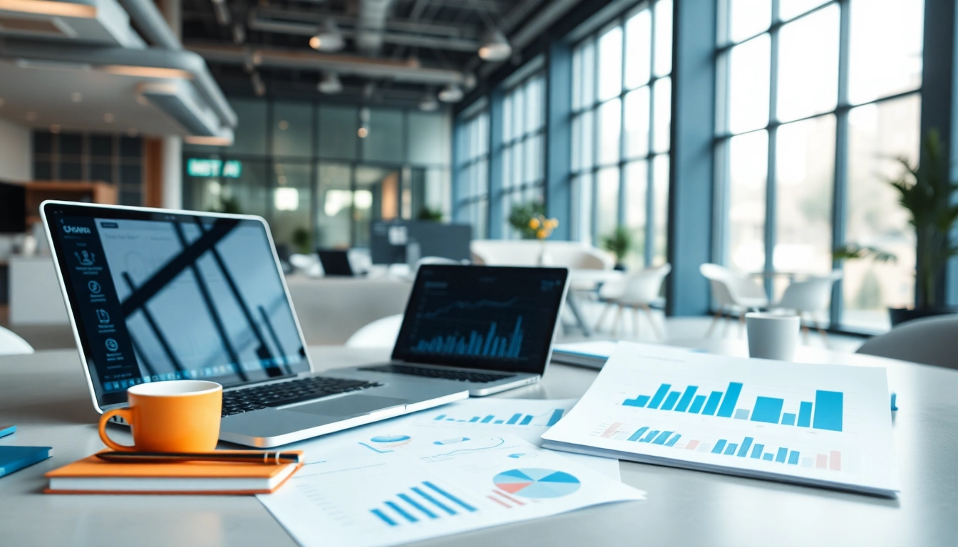 Analysing Internet Trends in a modern office workspace with data charts and laptops.