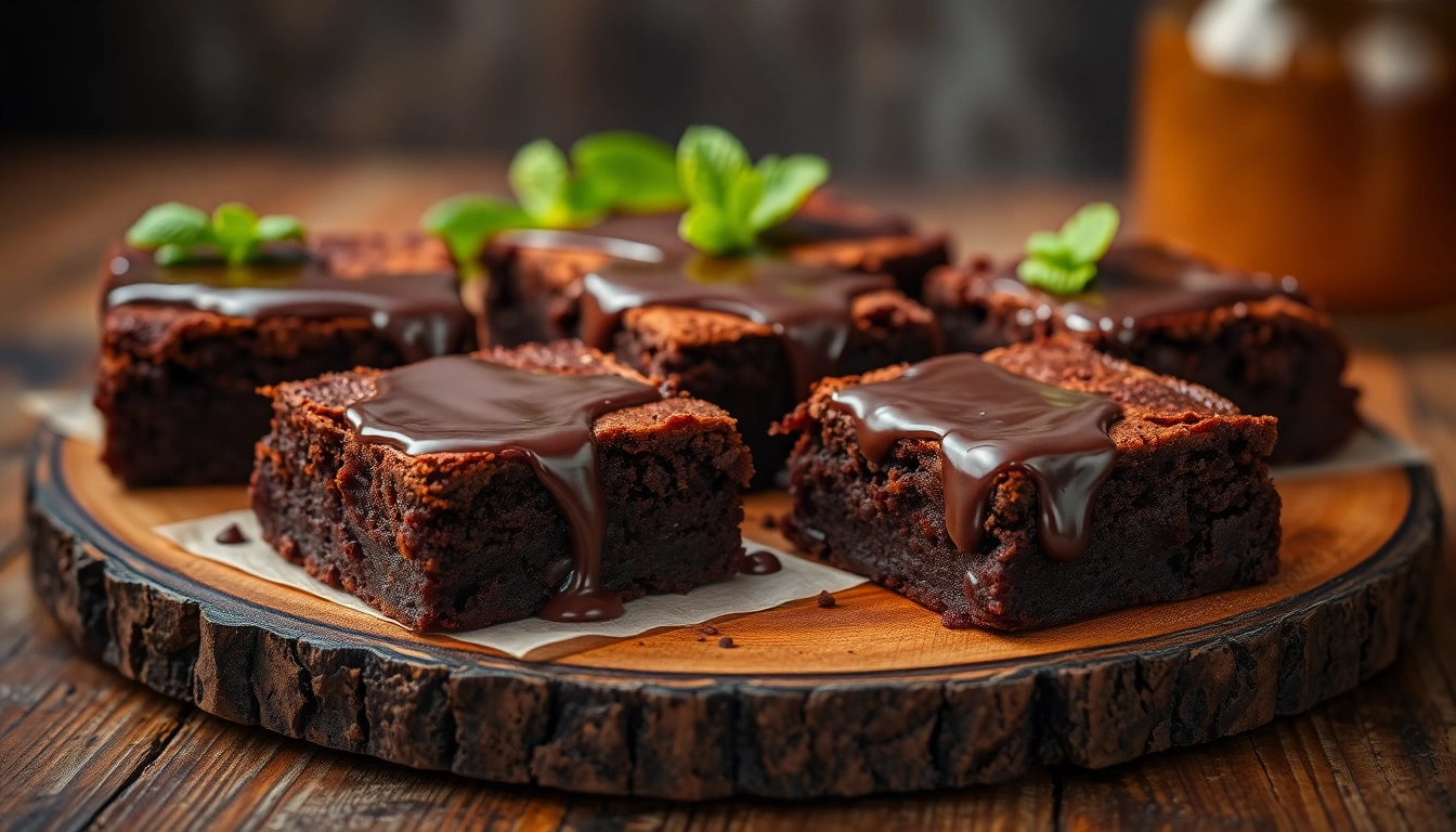 Daga Brownies auf einem rustikalen Holzbrett, verziert mit Schokoladensauce und Minze für ein schmeichelhaftes Dessert.