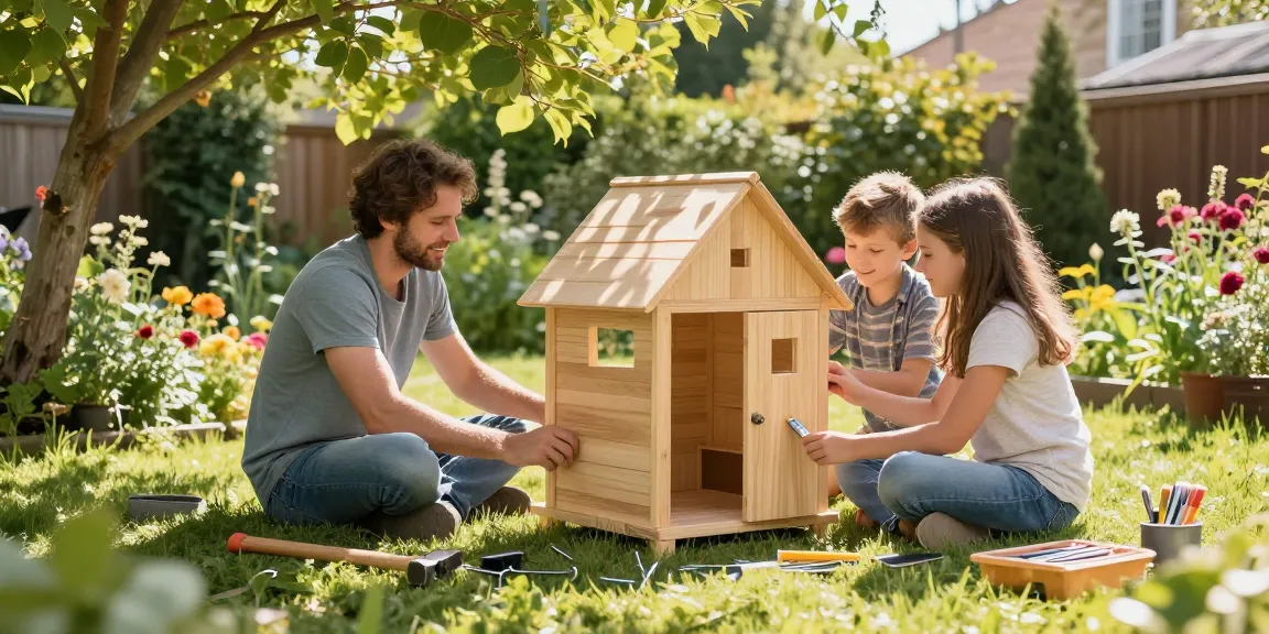 Familie beim Gartenhaus kaufen und gemeinsam im Garten aufbauen, umgeben von Blumen und Werkzeugen.