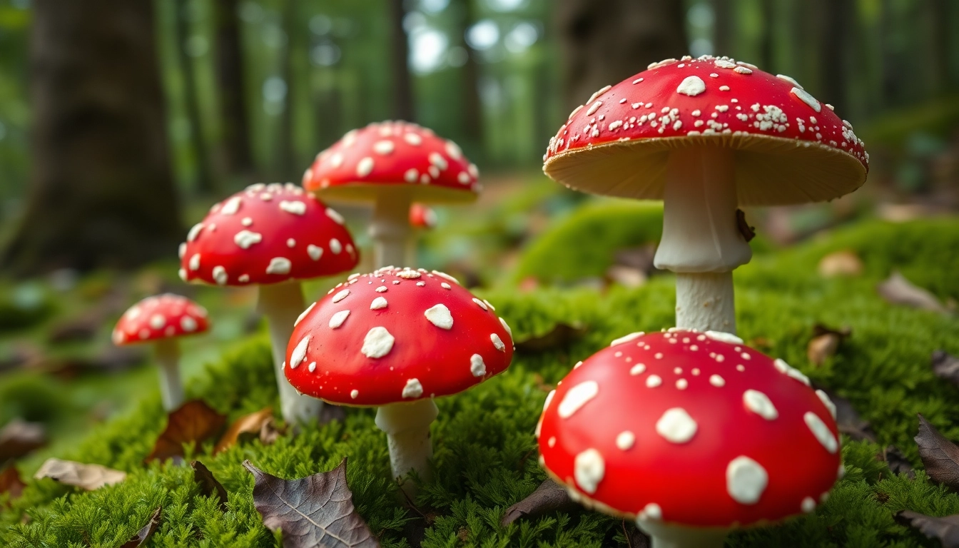 Fliegenpilz bestellen: Frisch und lebendig, die leuchtenden roten Fliegenpilze im Wald.